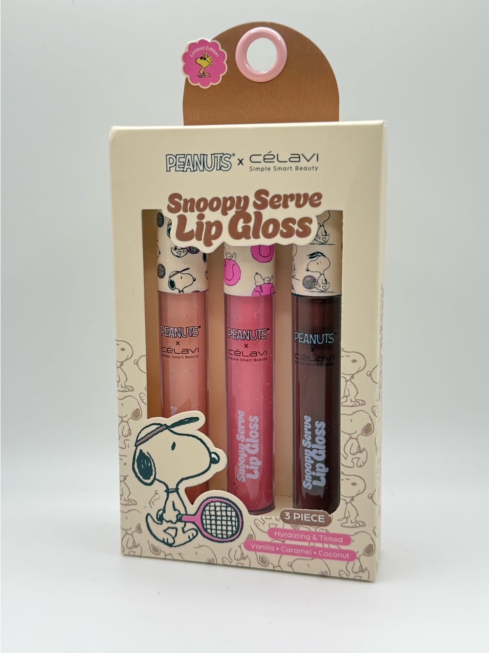 Peanuts x Célavi Snoopy Serve Lip Gloss Set 3 Piece Vanilla Caramel Coconut NWT